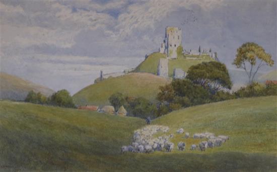 Leeson Rowbotham, watercolour, view of Corfe Castle, signed, 22 x 34.5cm